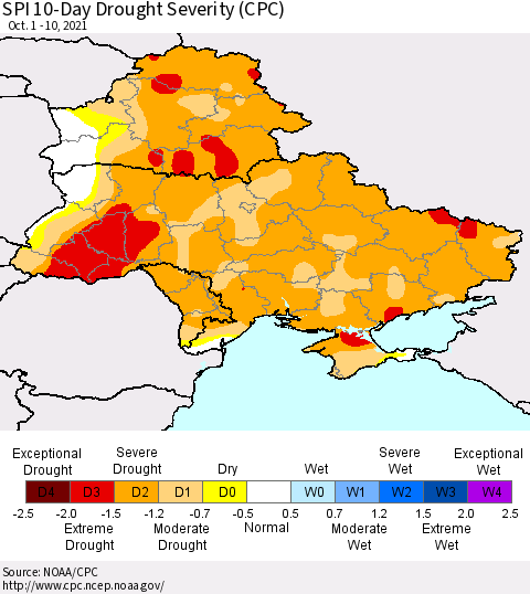 Ukraine, Moldova and Belarus SPI 10-Day Drought Severity (CPC) Thematic Map For 10/1/2021 - 10/10/2021
