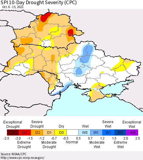 Ukraine, Moldova and Belarus SPI 10-Day Drought Severity (CPC) Thematic Map For 10/6/2021 - 10/15/2021