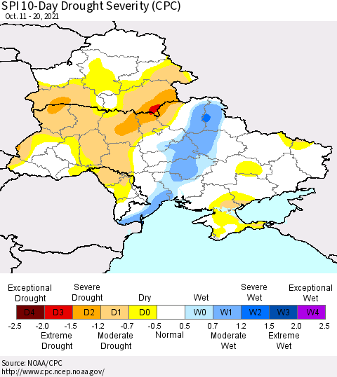 Ukraine, Moldova and Belarus SPI 10-Day Drought Severity (CPC) Thematic Map For 10/11/2021 - 10/20/2021