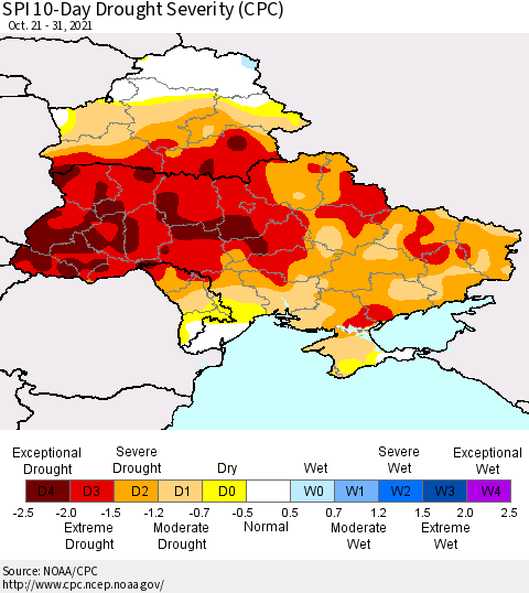 Ukraine, Moldova and Belarus SPI 10-Day Drought Severity (CPC) Thematic Map For 10/21/2021 - 10/31/2021