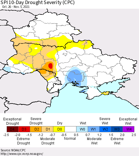 Ukraine, Moldova and Belarus SPI 10-Day Drought Severity (CPC) Thematic Map For 10/26/2021 - 11/5/2021