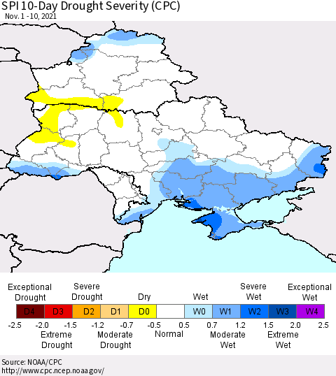 Ukraine, Moldova and Belarus SPI 10-Day Drought Severity (CPC) Thematic Map For 11/1/2021 - 11/10/2021