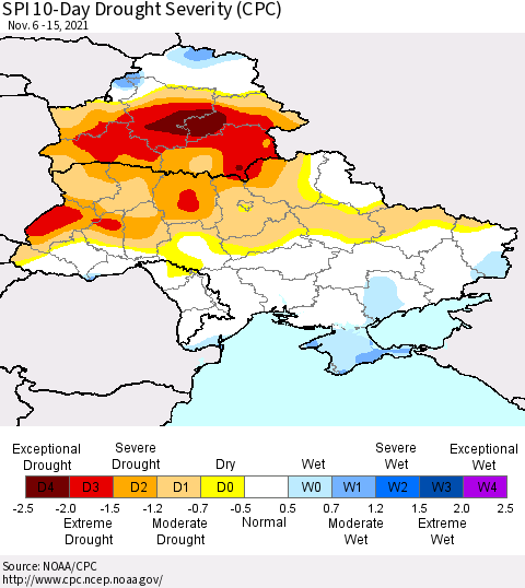 Ukraine, Moldova and Belarus SPI 10-Day Drought Severity (CPC) Thematic Map For 11/6/2021 - 11/15/2021