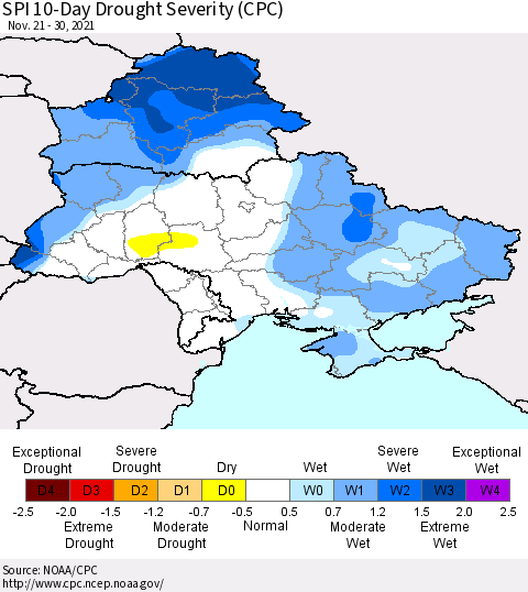 Ukraine, Moldova and Belarus SPI 10-Day Drought Severity (CPC) Thematic Map For 11/21/2021 - 11/30/2021