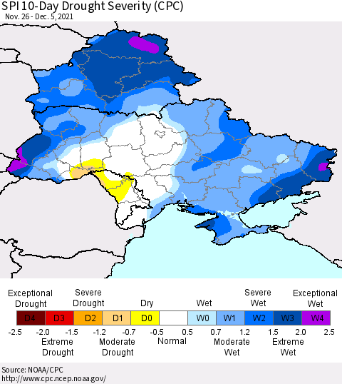 Ukraine, Moldova and Belarus SPI 10-Day Drought Severity (CPC) Thematic Map For 11/26/2021 - 12/5/2021