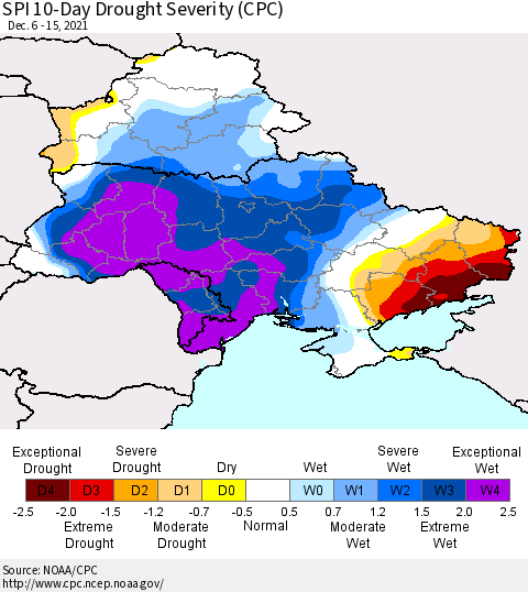 Ukraine, Moldova and Belarus SPI 10-Day Drought Severity (CPC) Thematic Map For 12/6/2021 - 12/15/2021