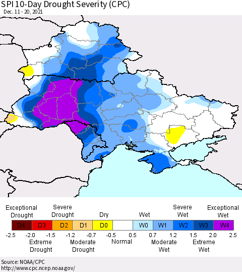 Ukraine, Moldova and Belarus SPI 10-Day Drought Severity (CPC) Thematic Map For 12/11/2021 - 12/20/2021
