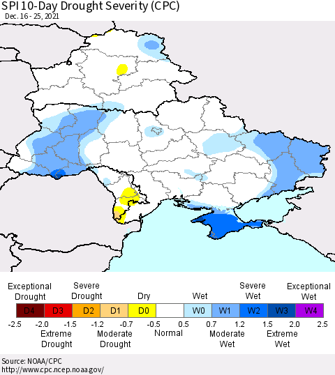 Ukraine, Moldova and Belarus SPI 10-Day Drought Severity (CPC) Thematic Map For 12/16/2021 - 12/25/2021