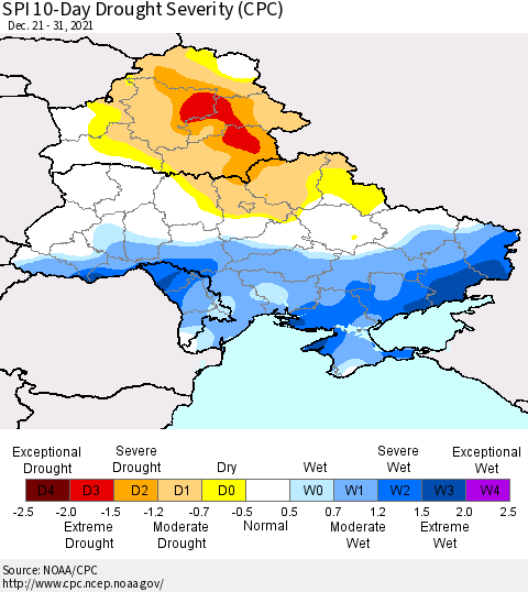 Ukraine, Moldova and Belarus SPI 10-Day Drought Severity (CPC) Thematic Map For 12/21/2021 - 12/31/2021