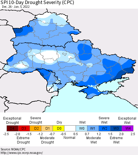 Ukraine, Moldova and Belarus SPI 10-Day Drought Severity (CPC) Thematic Map For 12/26/2021 - 1/5/2022