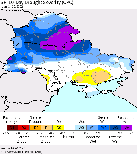 Ukraine, Moldova and Belarus SPI 10-Day Drought Severity (CPC) Thematic Map For 1/1/2022 - 1/10/2022