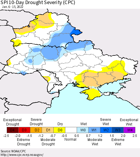 Ukraine, Moldova and Belarus SPI 10-Day Drought Severity (CPC) Thematic Map For 1/6/2022 - 1/15/2022