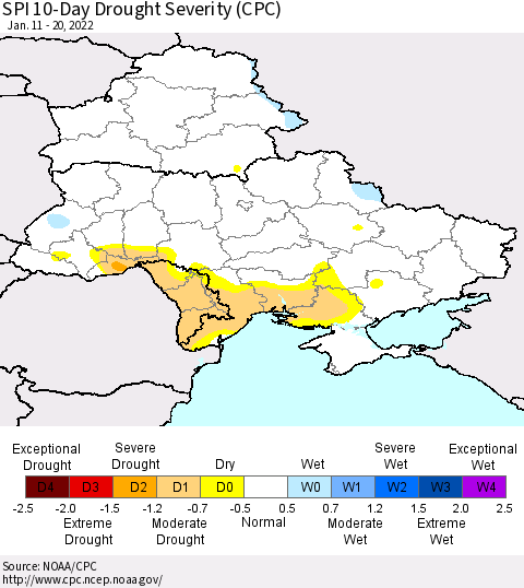 Ukraine, Moldova and Belarus SPI 10-Day Drought Severity (CPC) Thematic Map For 1/11/2022 - 1/20/2022