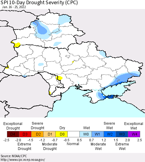 Ukraine, Moldova and Belarus SPI 10-Day Drought Severity (CPC) Thematic Map For 1/16/2022 - 1/25/2022