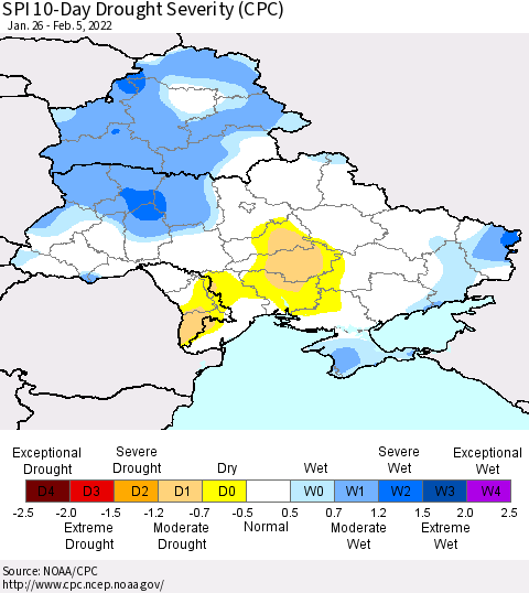 Ukraine, Moldova and Belarus SPI 10-Day Drought Severity (CPC) Thematic Map For 1/26/2022 - 2/5/2022