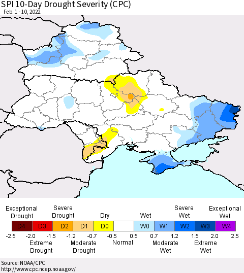 Ukraine, Moldova and Belarus SPI 10-Day Drought Severity (CPC) Thematic Map For 2/1/2022 - 2/10/2022
