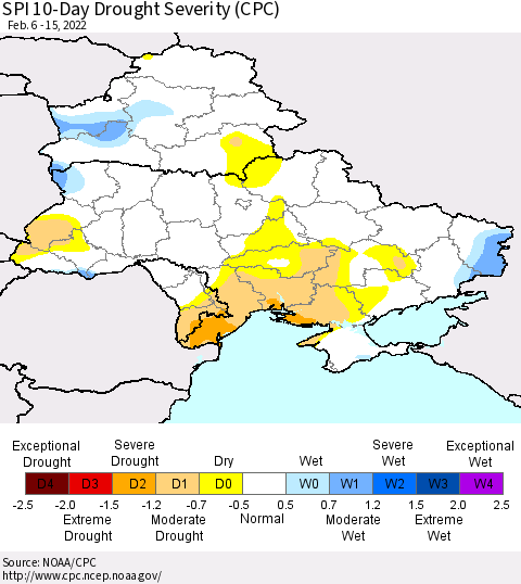 Ukraine, Moldova and Belarus SPI 10-Day Drought Severity (CPC) Thematic Map For 2/6/2022 - 2/15/2022