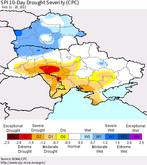 Ukraine, Moldova and Belarus SPI 10-Day Drought Severity (CPC) Thematic Map For 2/11/2022 - 2/20/2022