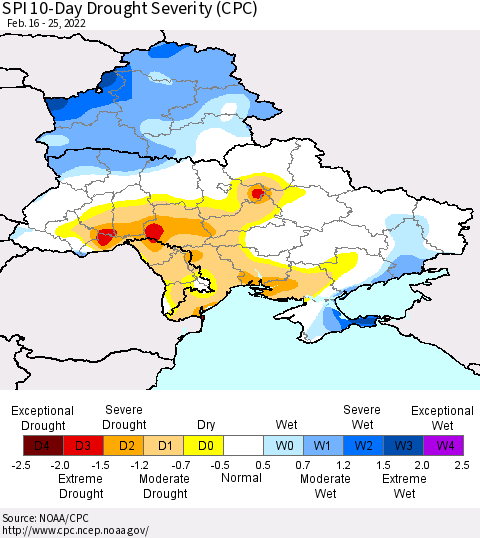 Ukraine, Moldova and Belarus SPI 10-Day Drought Severity (CPC) Thematic Map For 2/16/2022 - 2/25/2022