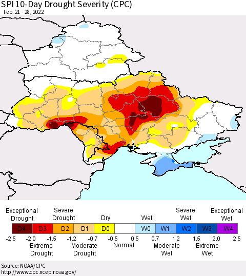 Ukraine, Moldova and Belarus SPI 10-Day Drought Severity (CPC) Thematic Map For 2/21/2022 - 2/28/2022