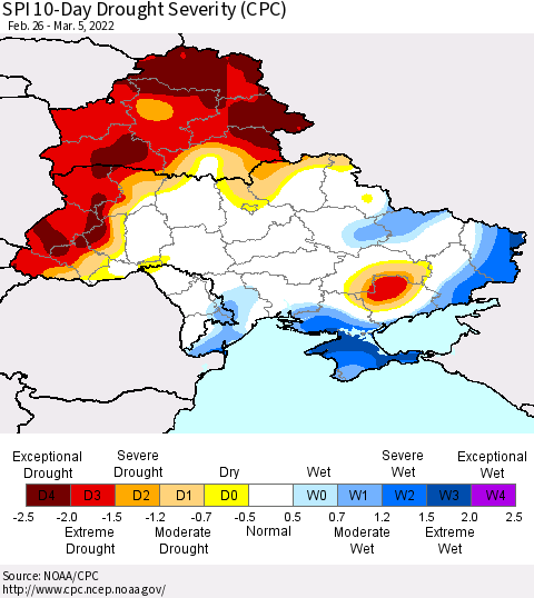 Ukraine, Moldova and Belarus SPI 10-Day Drought Severity (CPC) Thematic Map For 2/26/2022 - 3/5/2022