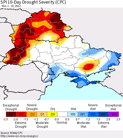 Ukraine, Moldova and Belarus SPI 10-Day Drought Severity (CPC) Thematic Map For 3/1/2022 - 3/10/2022