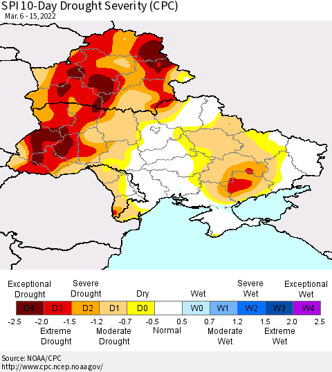 Ukraine, Moldova and Belarus SPI 10-Day Drought Severity (CPC) Thematic Map For 3/6/2022 - 3/15/2022