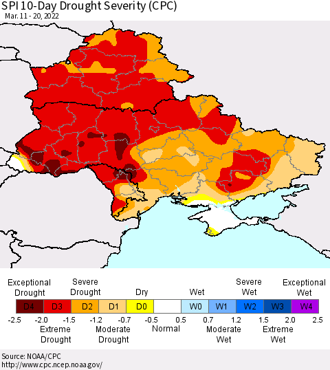 Ukraine, Moldova and Belarus SPI 10-Day Drought Severity (CPC) Thematic Map For 3/11/2022 - 3/20/2022