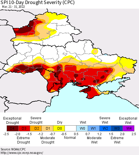 Ukraine, Moldova and Belarus SPI 10-Day Drought Severity (CPC) Thematic Map For 3/21/2022 - 3/31/2022