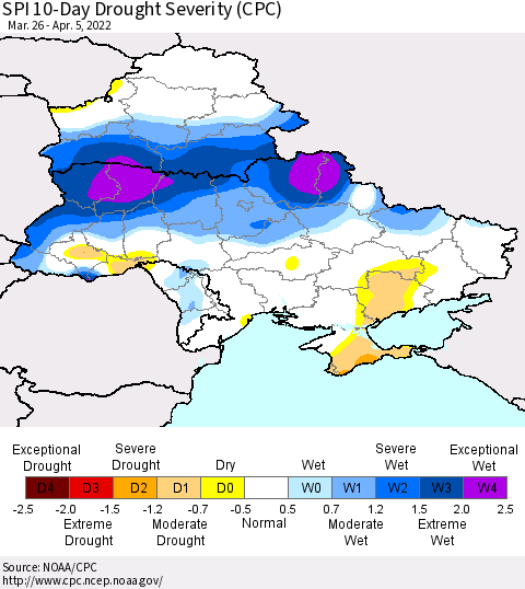 Ukraine, Moldova and Belarus SPI 10-Day Drought Severity (CPC) Thematic Map For 3/26/2022 - 4/5/2022