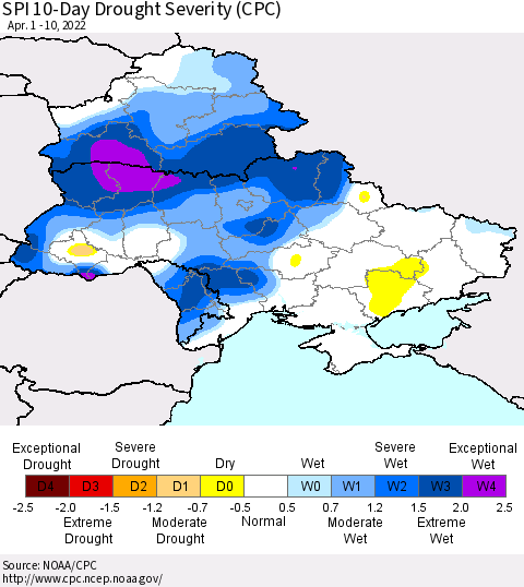 Ukraine, Moldova and Belarus SPI 10-Day Drought Severity (CPC) Thematic Map For 4/1/2022 - 4/10/2022