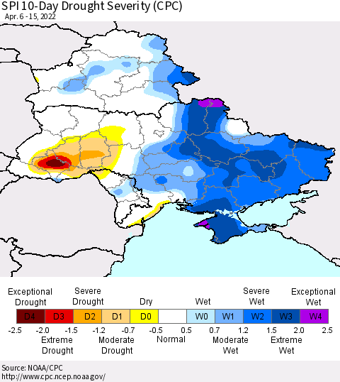 Ukraine, Moldova and Belarus SPI 10-Day Drought Severity (CPC) Thematic Map For 4/6/2022 - 4/15/2022