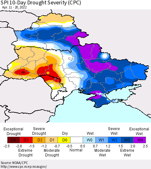 Ukraine, Moldova and Belarus SPI 10-Day Drought Severity (CPC) Thematic Map For 4/11/2022 - 4/20/2022