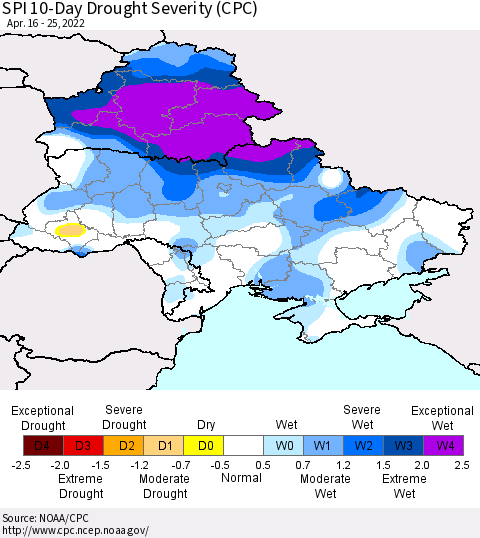 Ukraine, Moldova and Belarus SPI 10-Day Drought Severity (CPC) Thematic Map For 4/16/2022 - 4/25/2022