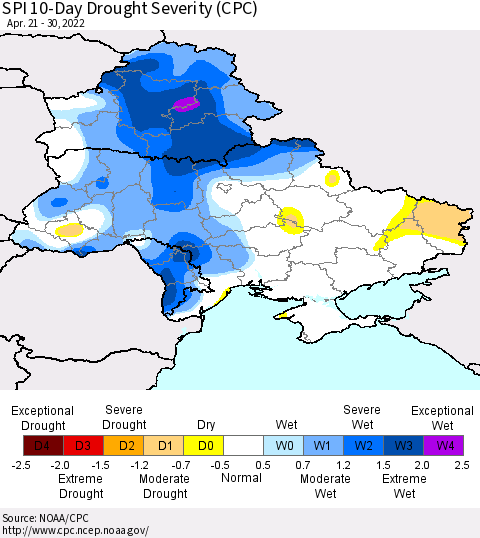 Ukraine, Moldova and Belarus SPI 10-Day Drought Severity (CPC) Thematic Map For 4/21/2022 - 4/30/2022