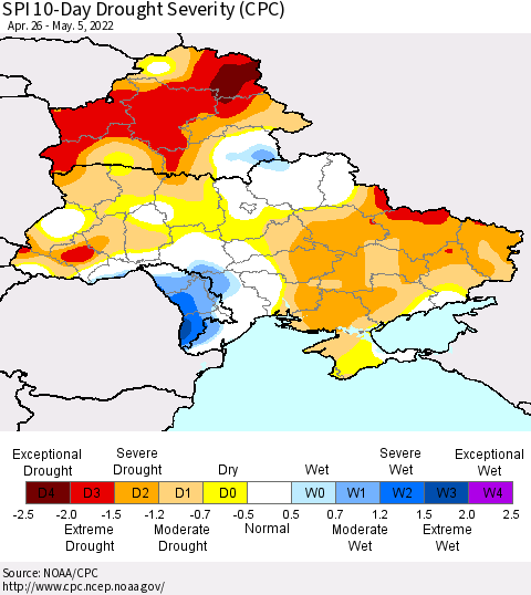 Ukraine, Moldova and Belarus SPI 10-Day Drought Severity (CPC) Thematic Map For 4/26/2022 - 5/5/2022
