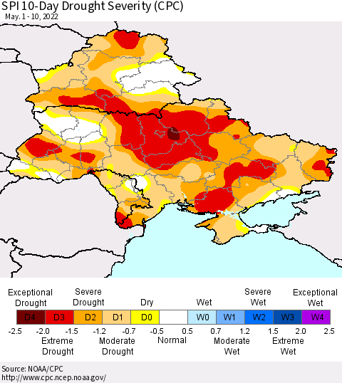 Ukraine, Moldova and Belarus SPI 10-Day Drought Severity (CPC) Thematic Map For 5/1/2022 - 5/10/2022