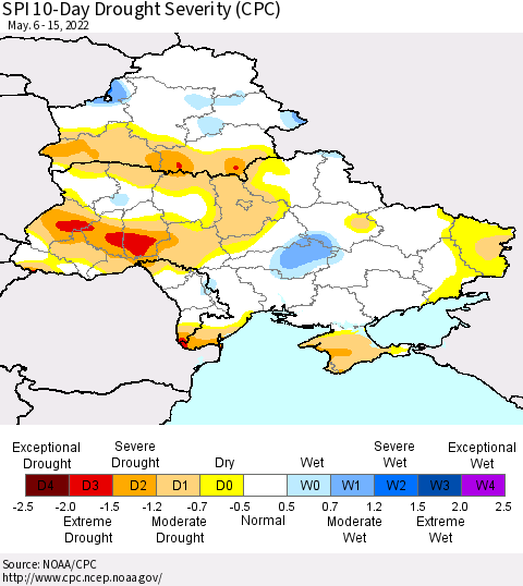 Ukraine, Moldova and Belarus SPI 10-Day Drought Severity (CPC) Thematic Map For 5/6/2022 - 5/15/2022