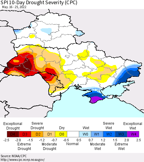 Ukraine, Moldova and Belarus SPI 10-Day Drought Severity (CPC) Thematic Map For 5/16/2022 - 5/25/2022