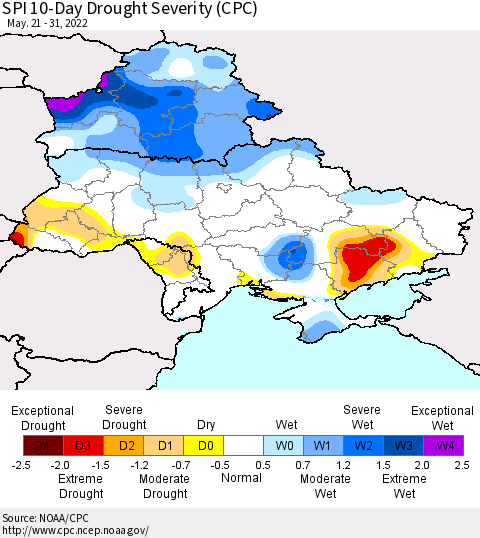 Ukraine, Moldova and Belarus SPI 10-Day Drought Severity (CPC) Thematic Map For 5/21/2022 - 5/31/2022