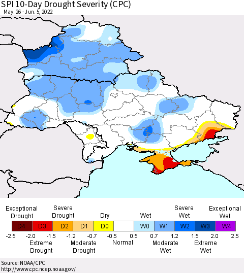 Ukraine, Moldova and Belarus SPI 10-Day Drought Severity (CPC) Thematic Map For 5/26/2022 - 6/5/2022