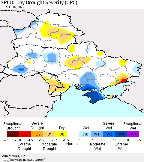 Ukraine, Moldova and Belarus SPI 10-Day Drought Severity (CPC) Thematic Map For 6/1/2022 - 6/10/2022