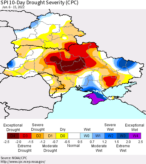 Ukraine, Moldova and Belarus SPI 10-Day Drought Severity (CPC) Thematic Map For 6/6/2022 - 6/15/2022