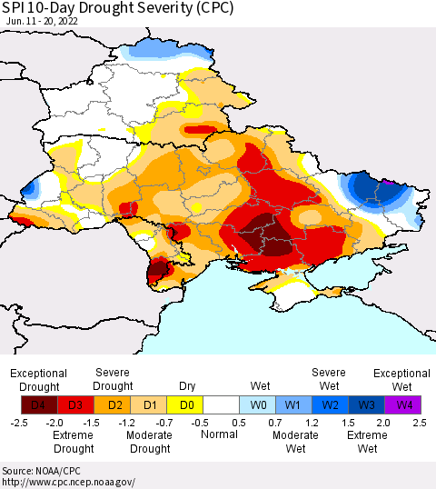 Ukraine, Moldova and Belarus SPI 10-Day Drought Severity (CPC) Thematic Map For 6/11/2022 - 6/20/2022