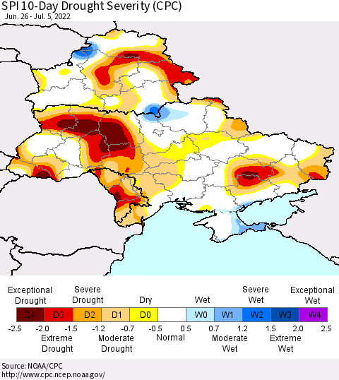 Ukraine, Moldova and Belarus SPI 10-Day Drought Severity (CPC) Thematic Map For 6/26/2022 - 7/5/2022