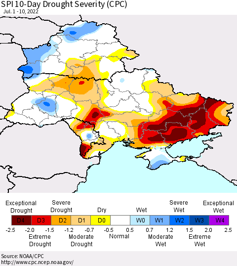 Ukraine, Moldova and Belarus SPI 10-Day Drought Severity (CPC) Thematic Map For 7/1/2022 - 7/10/2022