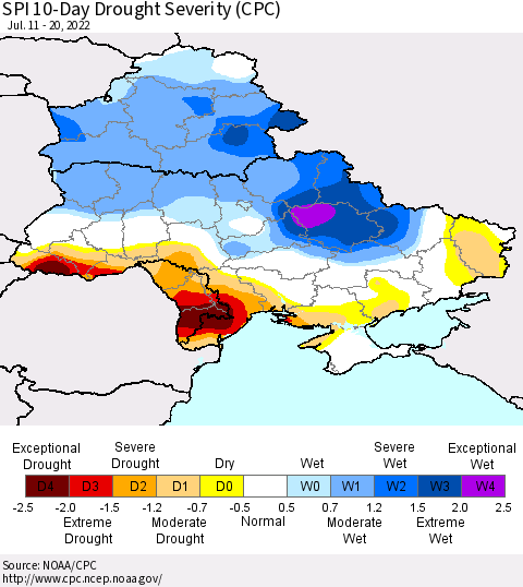 Ukraine, Moldova and Belarus SPI 10-Day Drought Severity (CPC) Thematic Map For 7/11/2022 - 7/20/2022