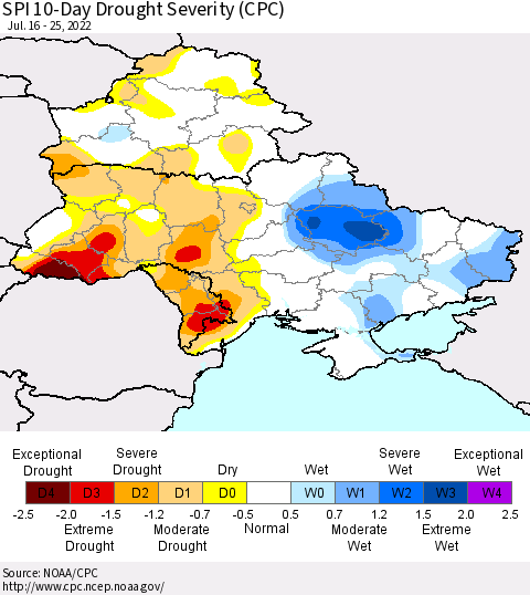 Ukraine, Moldova and Belarus SPI 10-Day Drought Severity (CPC) Thematic Map For 7/16/2022 - 7/25/2022
