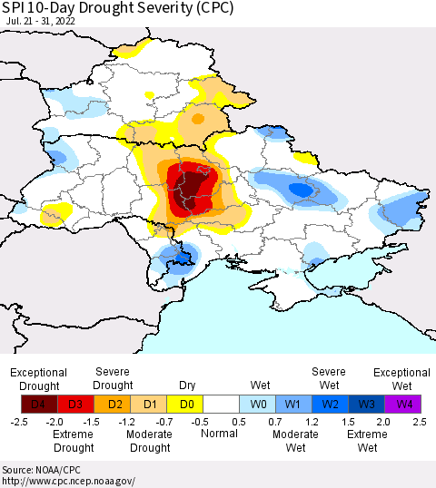 Ukraine, Moldova and Belarus SPI 10-Day Drought Severity (CPC) Thematic Map For 7/21/2022 - 7/31/2022