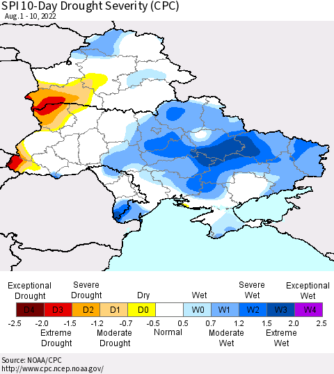 Ukraine, Moldova and Belarus SPI 10-Day Drought Severity (CPC) Thematic Map For 8/1/2022 - 8/10/2022